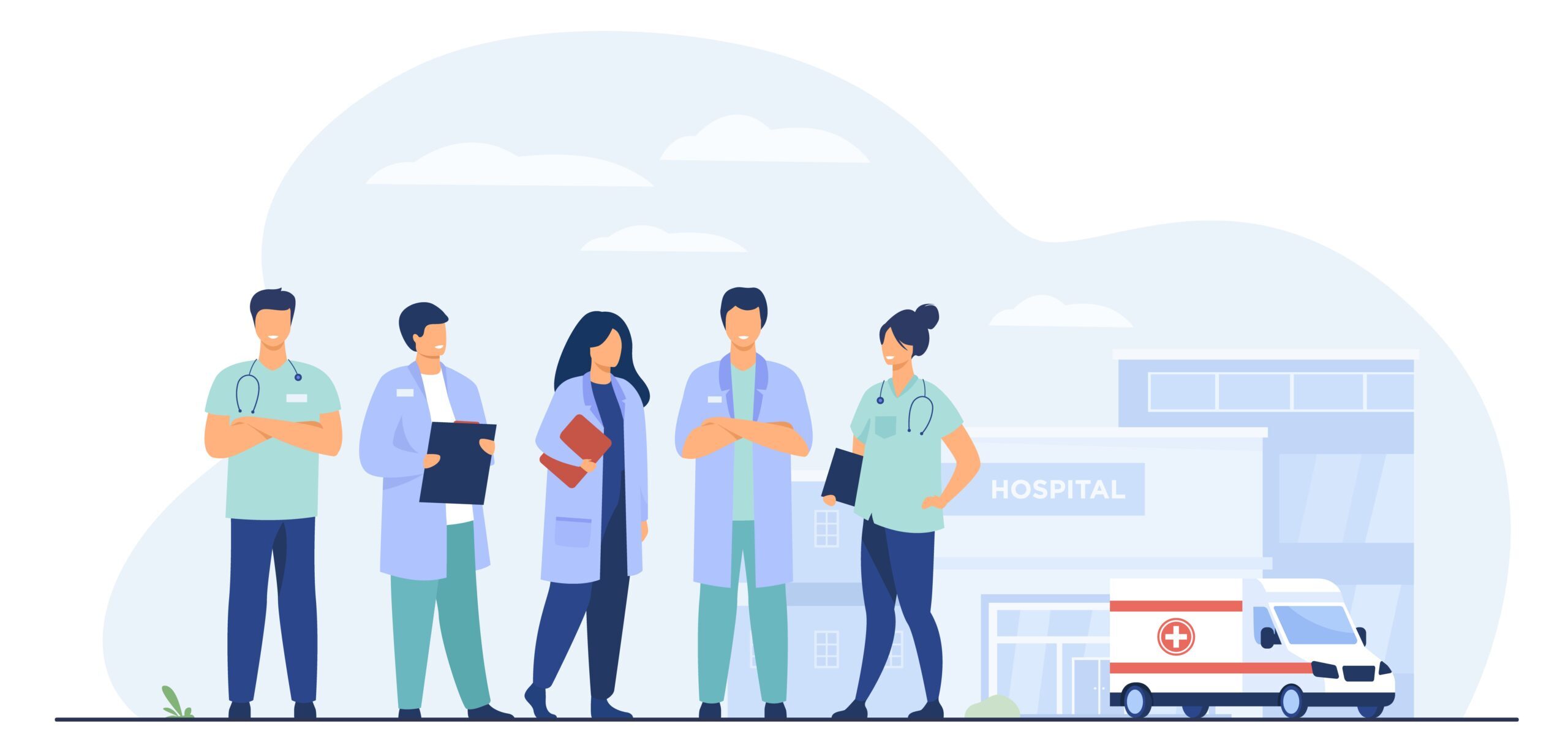 Group of doctors standing at hospital building